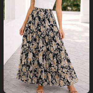Preston & York Black Floral 100 percent silk  Maxi Skirt with Cream Accents